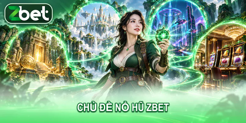 Nữ nhà thám hiểm trưởng thành đứng giữa bốn cổng jackpot theo chủ đề